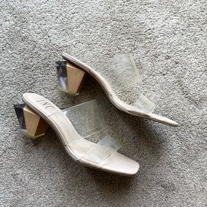 INC clear mini heels